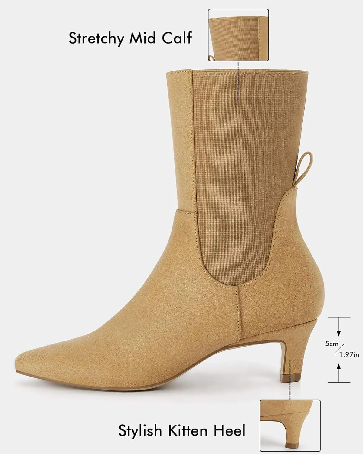 Coutgo Womens Chelsea Boots Mid Calf Low Kitten Heel Suede Pointed Toe Stretch Fall Fashion Dressy Booties