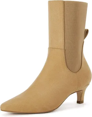 Coutgo Womens Chelsea Boots Mid Calf Low Kitten Heel Suede Pointed Toe Stretch Fall Fashion Dressy Booties