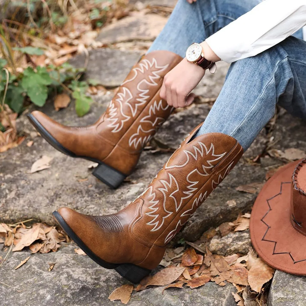 Cowboy Boots for Men Lightweight Western Country Boots Modern Traditional Embroidered Boots Men Mid Calf Western Cowboy Motorcycle Boots Leather Shoes Wide Calf Pull On Western Work Combat Boots