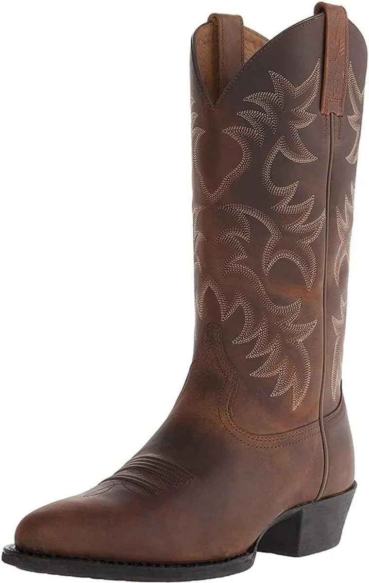 Cowboy Boots for Men Lightweight Western Country Boots Modern Traditional Embroidered Boots Men Mid Calf Western Cowboy Motorcycle Boots Leather Shoes Wide Calf Pull On Western Work Combat Boots