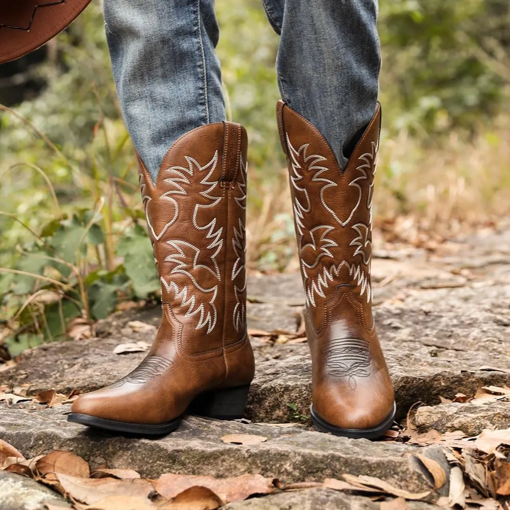 Cowboy Boots for Men Lightweight Western Country Boots Modern Traditional Embroidered Boots Men Mid Calf Western Cowboy Motorcycle Boots Leather Shoes Wide Calf Pull On Western Work Combat Boots