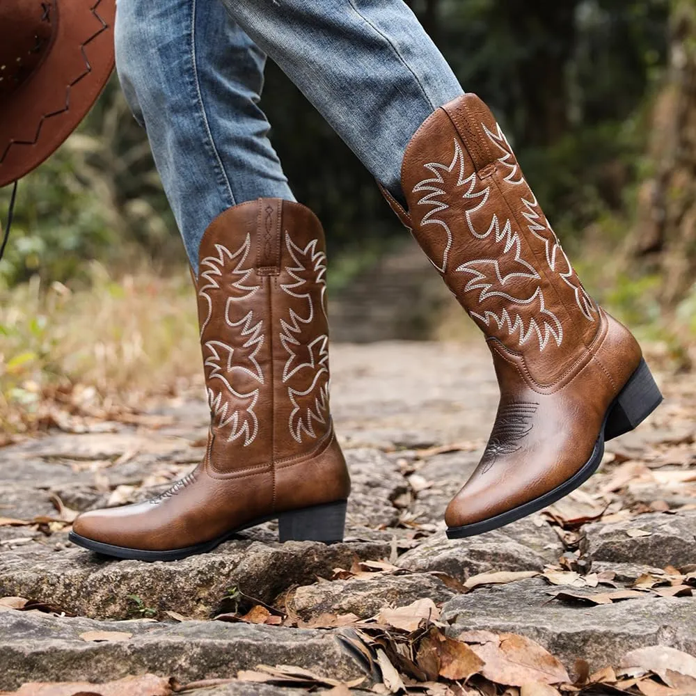 Cowboy Boots for Men Lightweight Western Country Boots Modern Traditional Embroidered Boots Men Mid Calf Western Cowboy Motorcycle Boots Leather Shoes Wide Calf Pull On Western Work Combat Boots