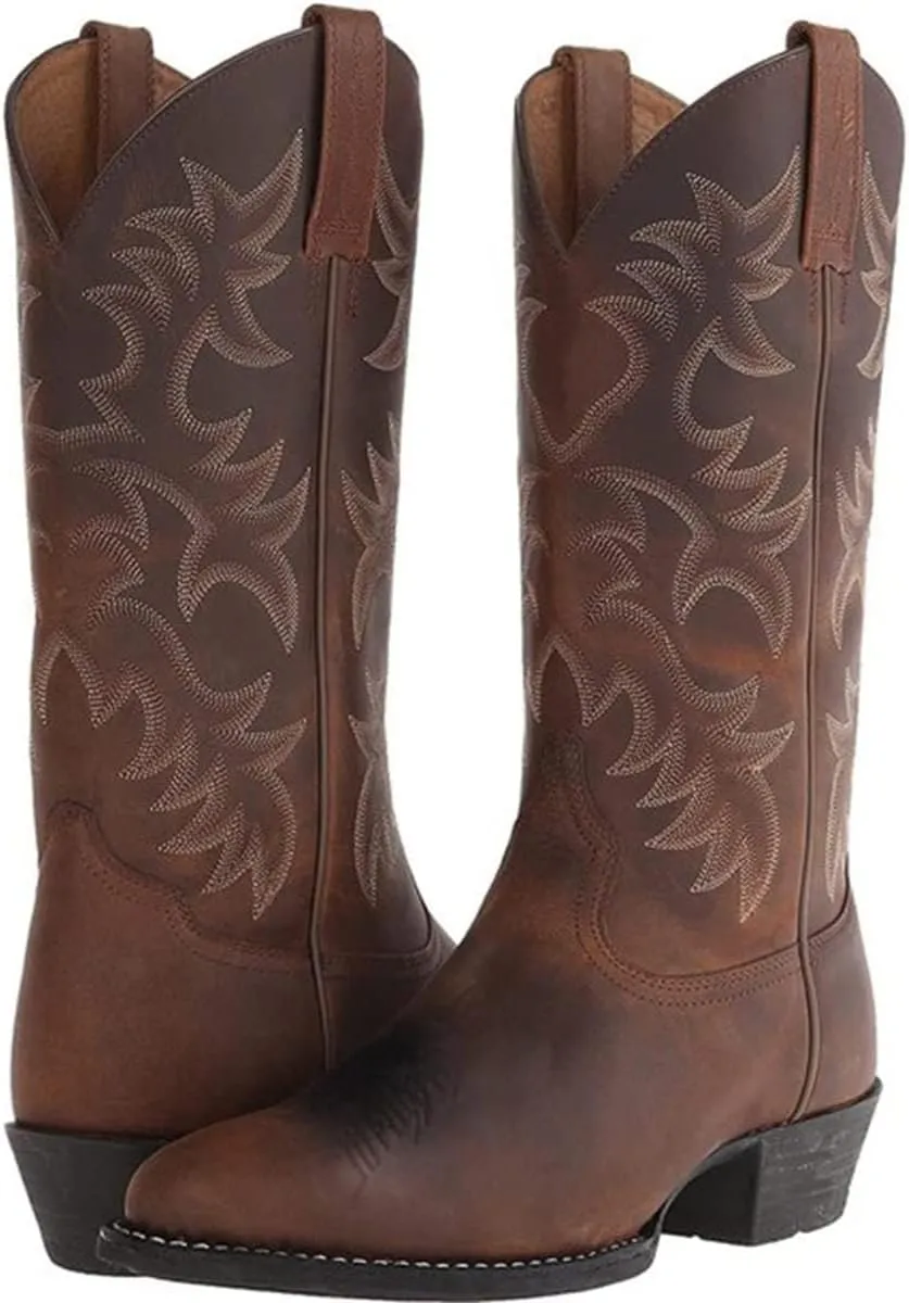 Cowboy Boots for Men Lightweight Western Country Boots Modern Traditional Embroidered Boots Men Mid Calf Western Cowboy Motorcycle Boots Leather Shoes Wide Calf Pull On Western Work Combat Boots