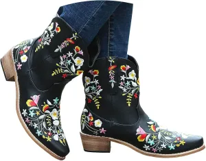 Cowboy Boots for Women Flower Embroidered Country Concert Disco Outfits Low Heel Boot Bootie Fashion Women’s Short Stuff Boot