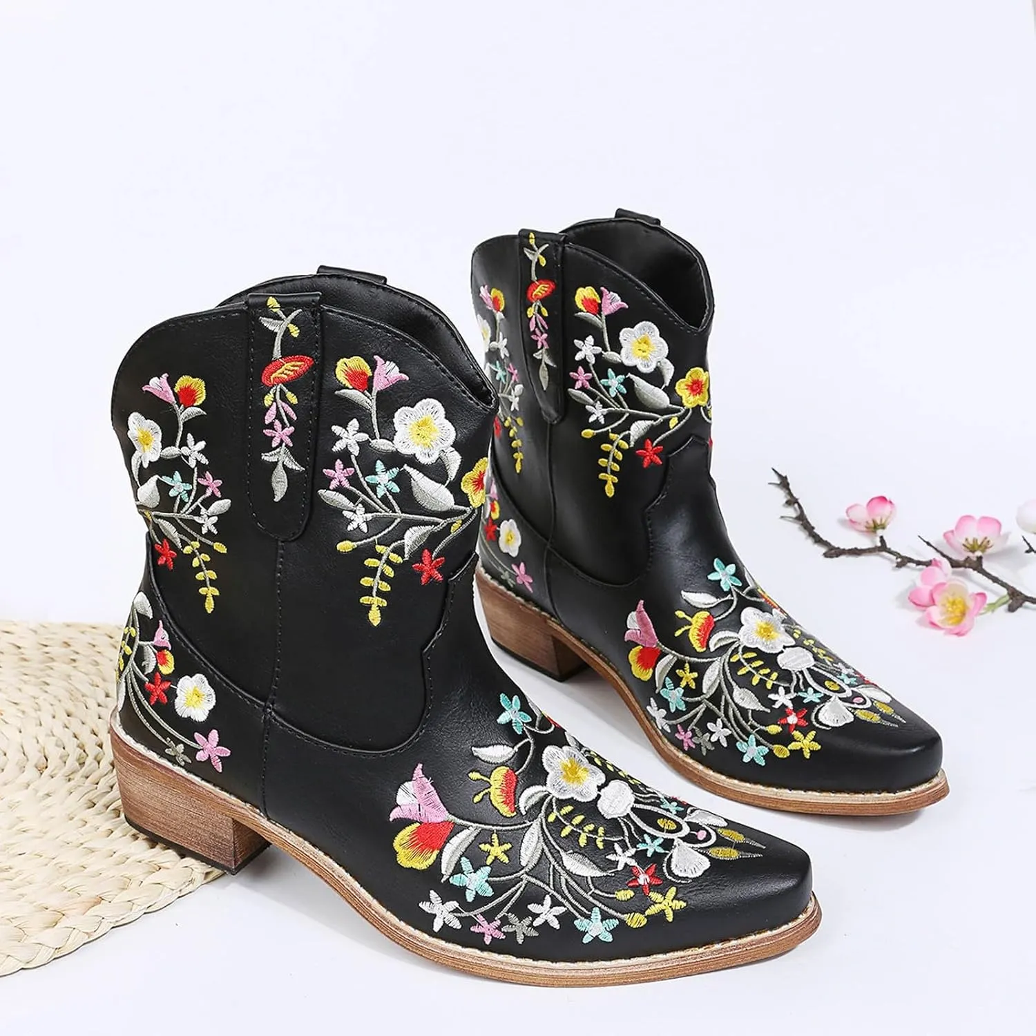 Cowboy Boots for Women Flower Embroidered Country Concert Disco Outfits Low Heel Boot Bootie Fashion Women’s Short Stuff Boot