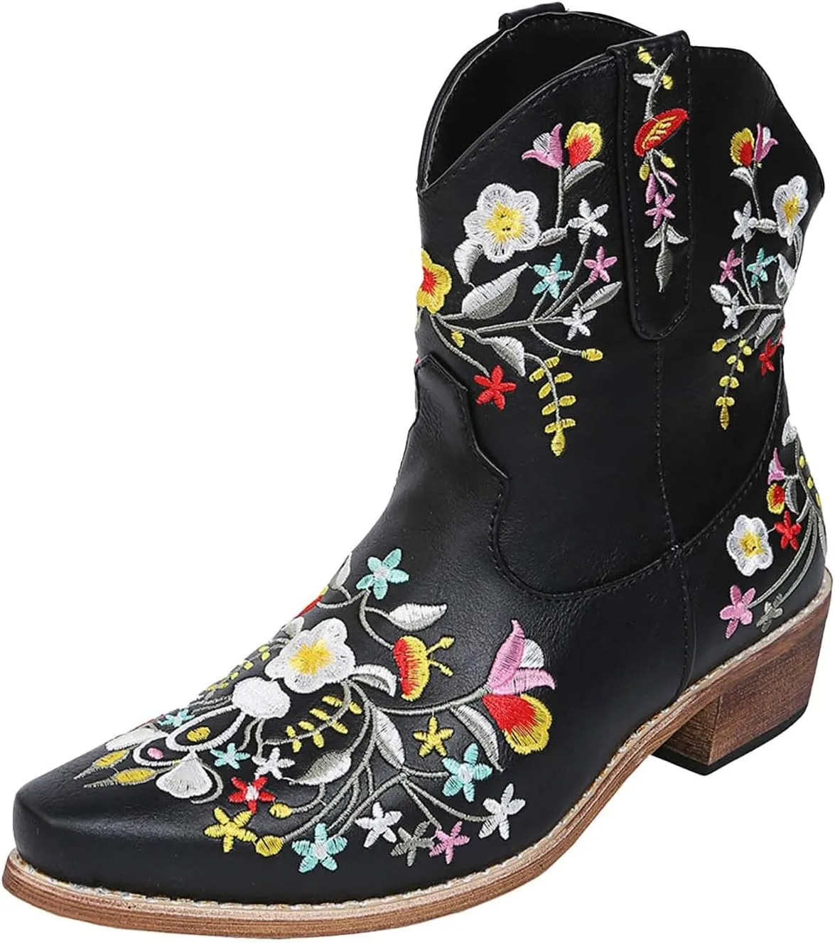 Cowboy Boots for Women Flower Embroidered Country Concert Disco Outfits Low Heel Boot Bootie Fashion Women’s Short Stuff Boot