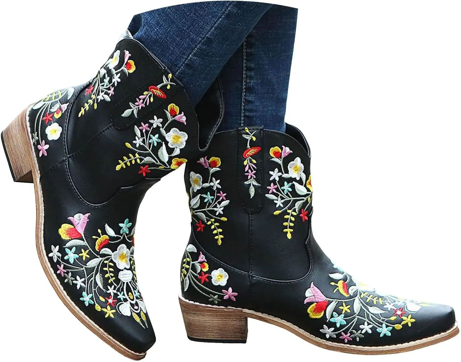 Cowboy Boots for Women Flower Embroidered Country Concert Disco Outfits Low Heel Boot Bootie Fashion Women’s Short Stuff Boot