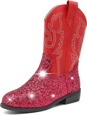 Cowgirl Boots for Kids Girls Boys Western Glitter Cowboy Boots Mid Calf Boots Little Big Kids Horse Riding Shoes Party Birthday Dress Up