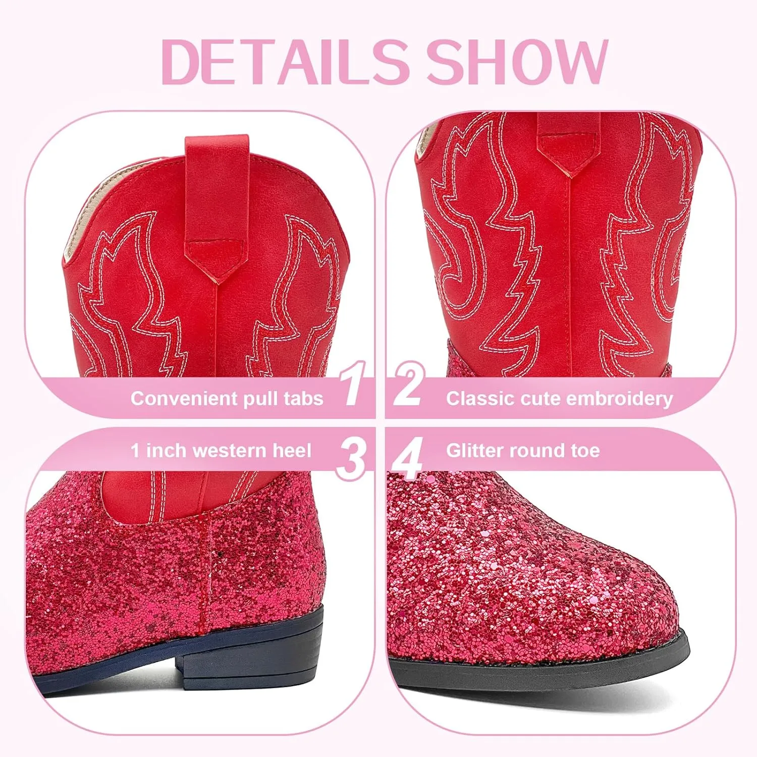 Cowgirl Boots for Kids Girls Boys Western Glitter Cowboy Boots Mid Calf Boots Little Big Kids Horse Riding Shoes Party Birthday Dress Up