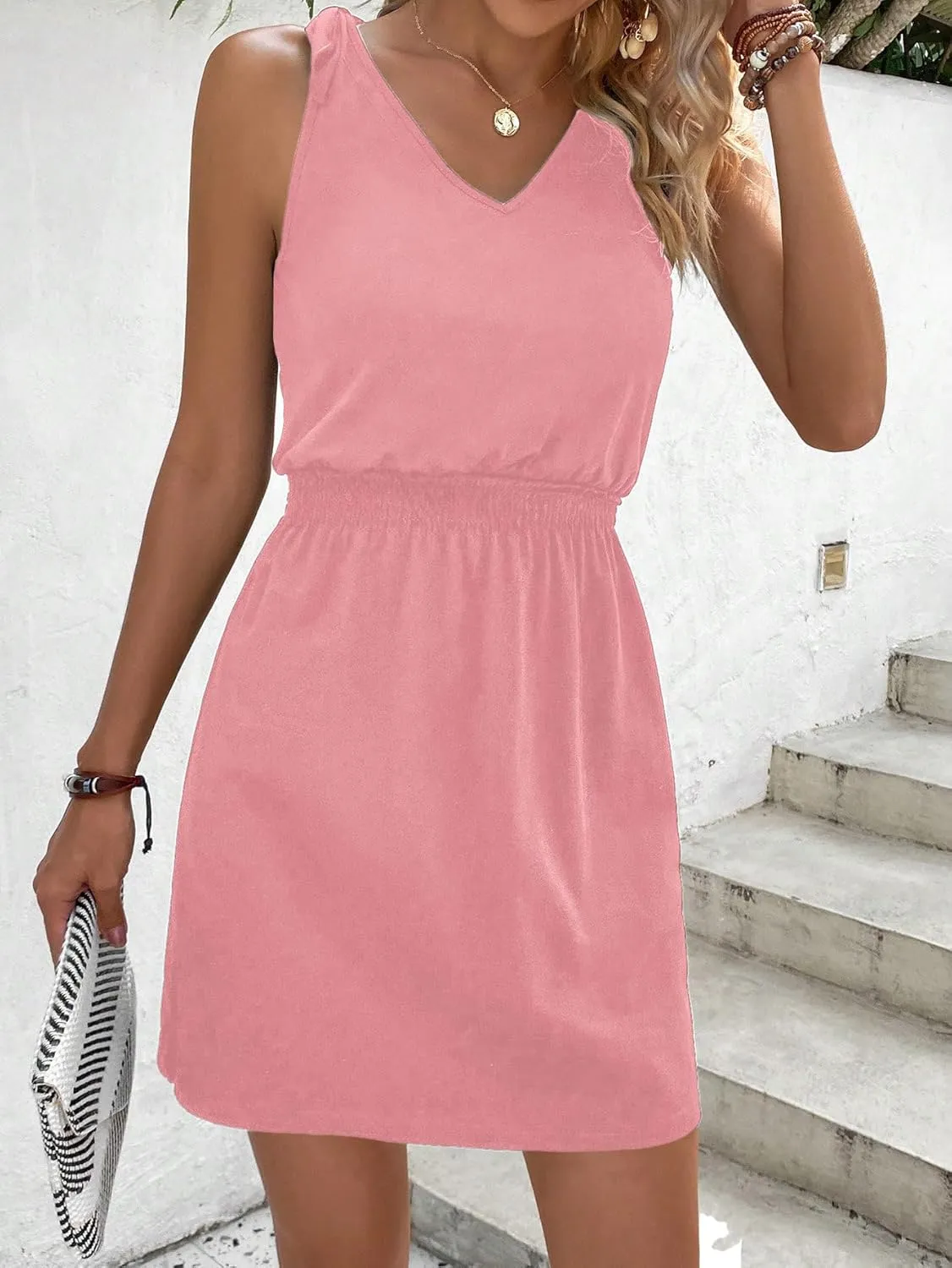 COZYEASE Women's Tie Shoulder A Line High Waist A Line Dress Sleeveless V Neck Solid Short Dresses