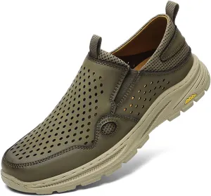 Crepuscute Men's Hollow-Out Leather Flat Sandals Breathable Comfortable Slip-On Sports Running Shoes Summer Outdoor Beach Sandals