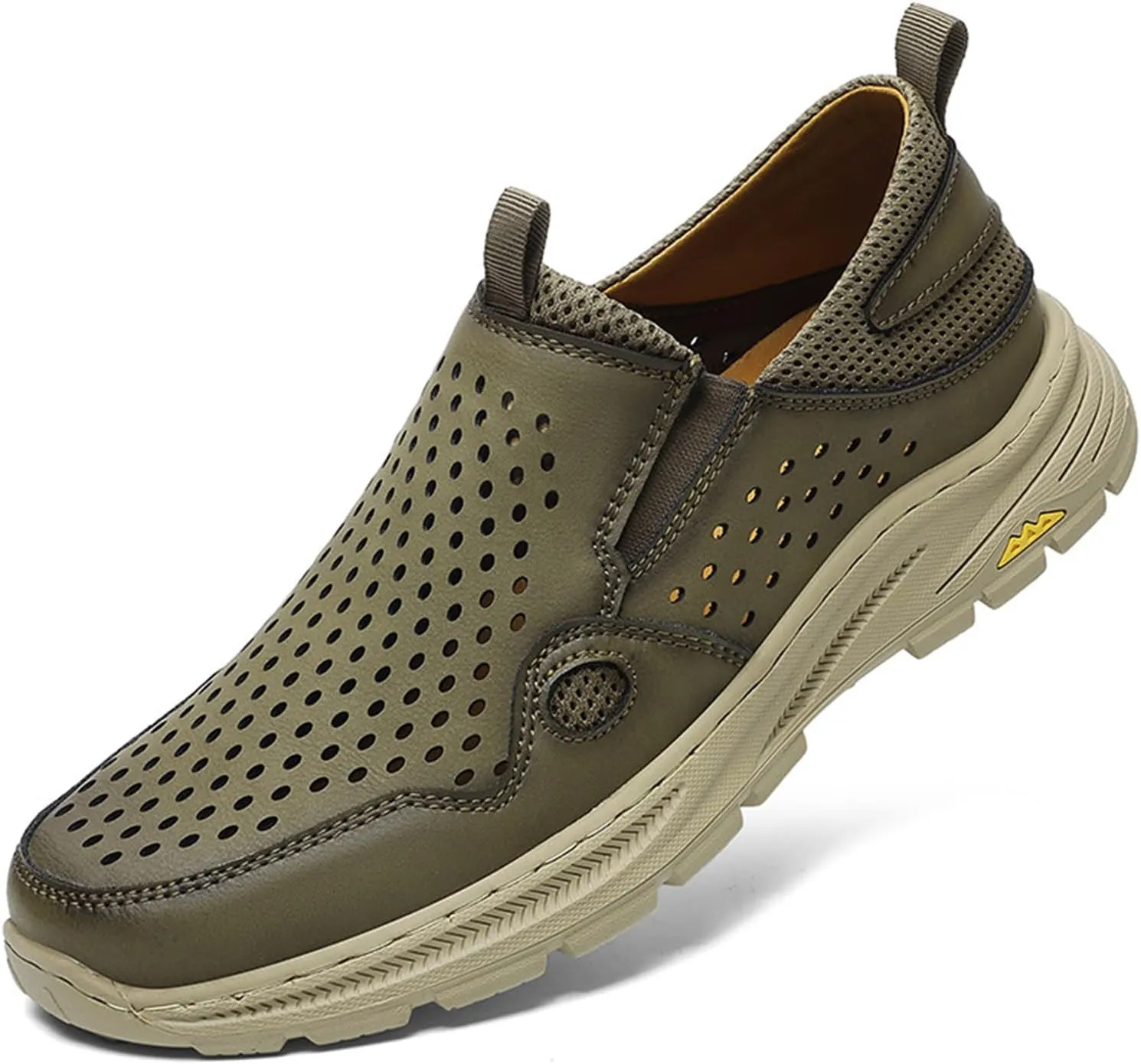 Crepuscute Men's Hollow-Out Leather Flat Sandals Breathable Comfortable Slip-On Sports Running Shoes Summer Outdoor Beach Sandals