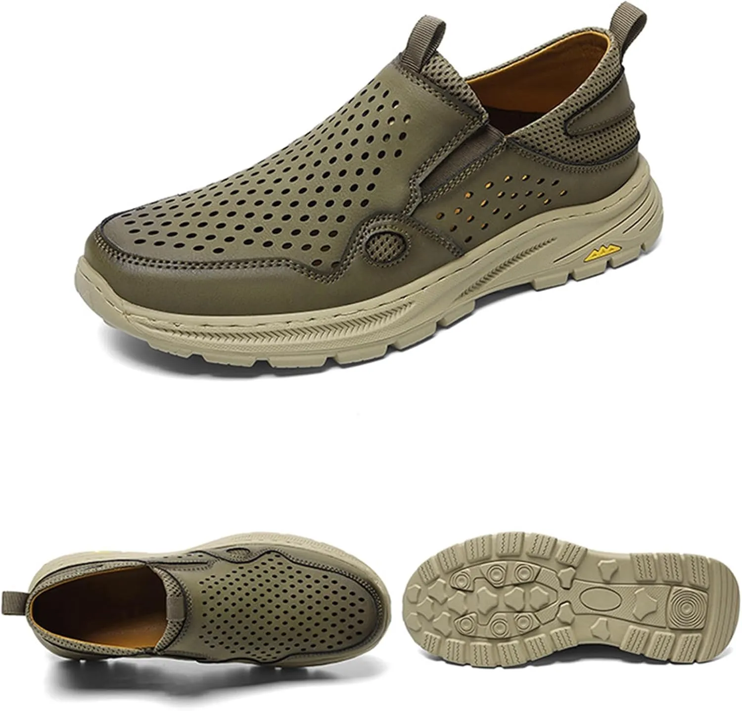 Crepuscute Men's Hollow-Out Leather Flat Sandals Breathable Comfortable Slip-On Sports Running Shoes Summer Outdoor Beach Sandals