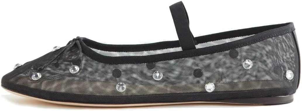 Crystal Mesh Ballet Flats for Women Stretch Band Snip Toe Ballerinas Flats Rhinestone Sparkly Mary Jane Flat Shoes