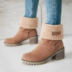 Crzidha Fleece Lined Mid Calf Boots, Winter Snow Ankle Boots for Women, Chunky Block Heels, Comfortable Slip On, Warm Suede Winter Outdoor Shoes
