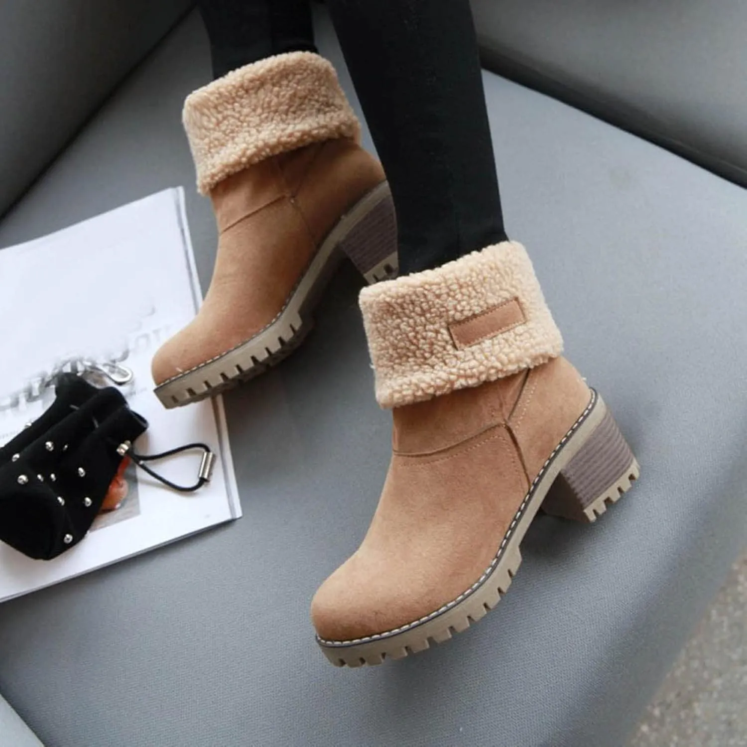 Crzidha Fleece Lined Mid Calf Boots, Winter Snow Ankle Boots for Women, Chunky Block Heels, Comfortable Slip On, Warm Suede Winter Outdoor Shoes