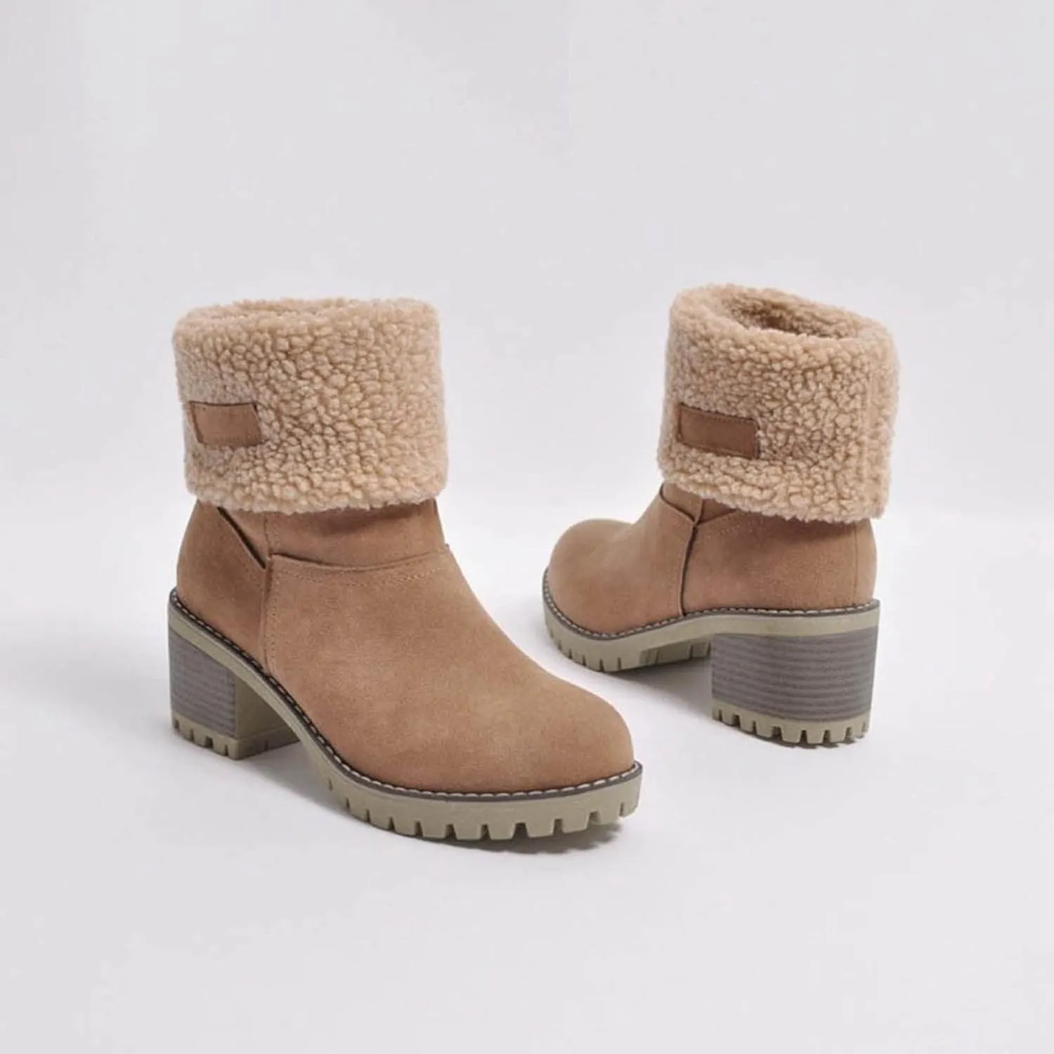 Crzidha Fleece Lined Mid Calf Boots, Winter Snow Ankle Boots for Women, Chunky Block Heels, Comfortable Slip On, Warm Suede Winter Outdoor Shoes