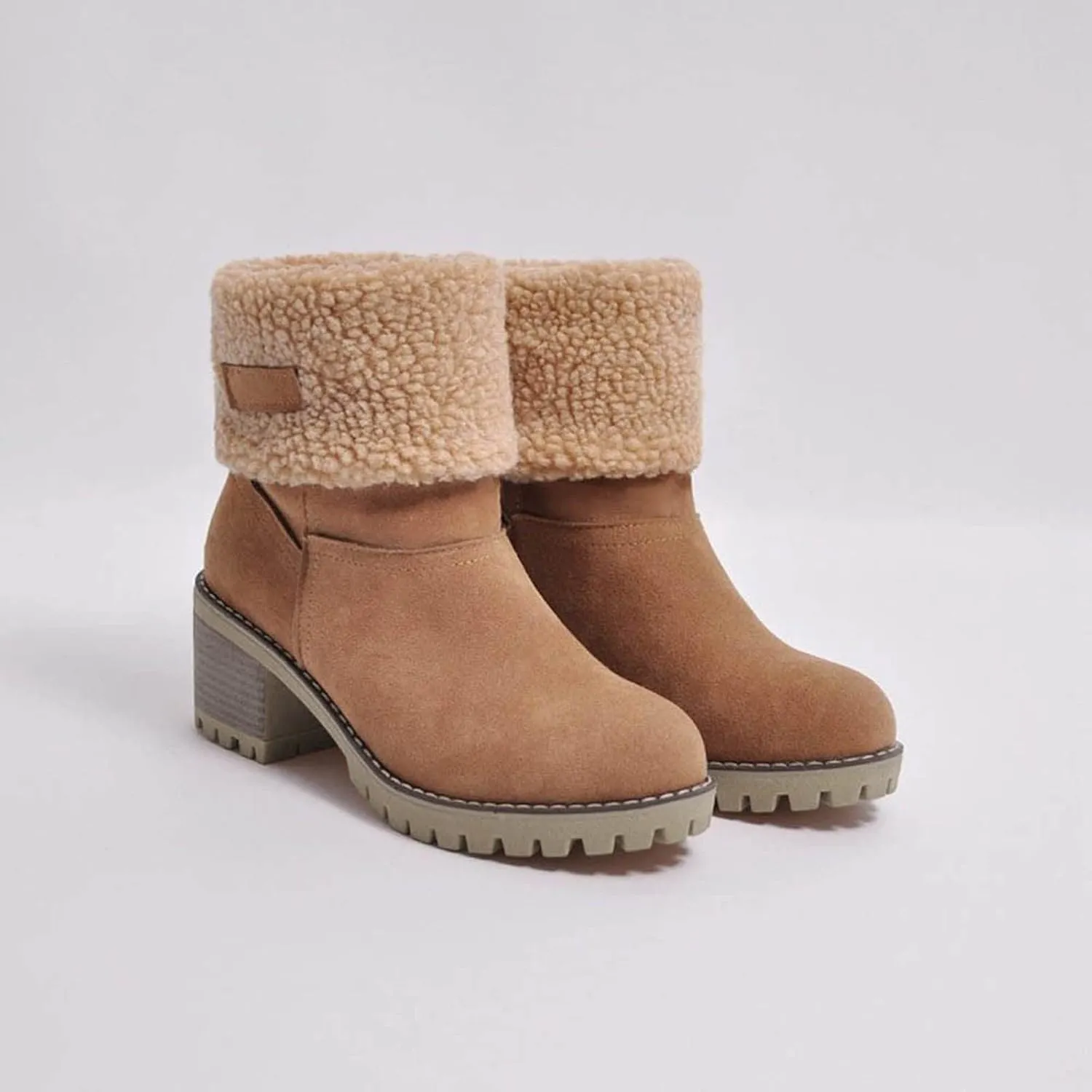 Crzidha Fleece Lined Mid Calf Boots, Winter Snow Ankle Boots for Women, Chunky Block Heels, Comfortable Slip On, Warm Suede Winter Outdoor Shoes