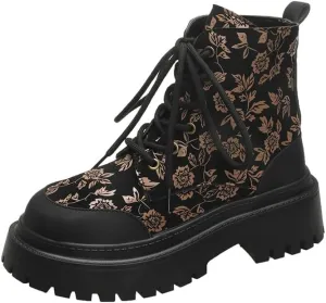 Custom Combat Boots for Women Fashion Lace-Up Pattern Ankle Booties Chunky Heel Platform Leather Boots