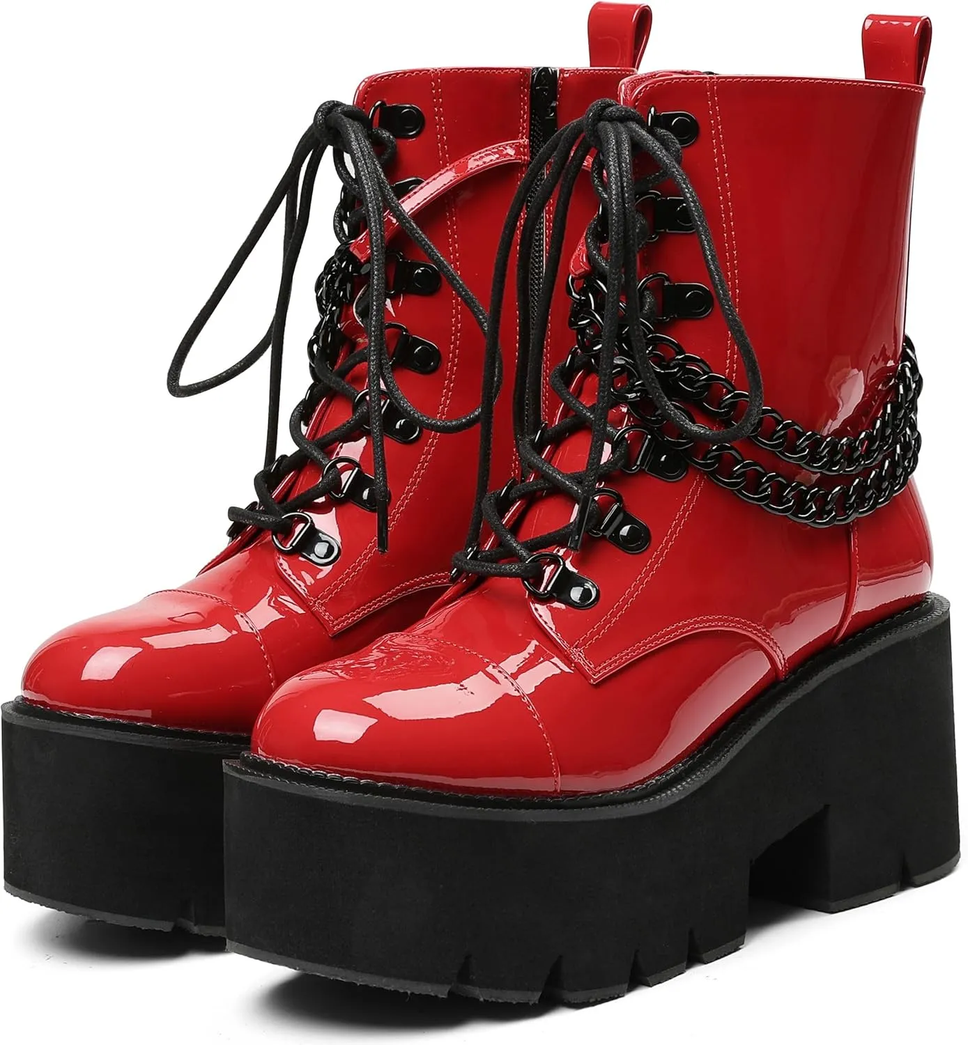 CYNLLIO Fashion Block Heel Platform Combat Ankle Booties Women's Lace up Studded Motorcycle Boots Mid Calf Boots