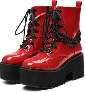 CYNLLIO Fashion Block Heel Platform Combat Ankle Booties Women's Lace up Studded Motorcycle Boots Mid Calf Boots