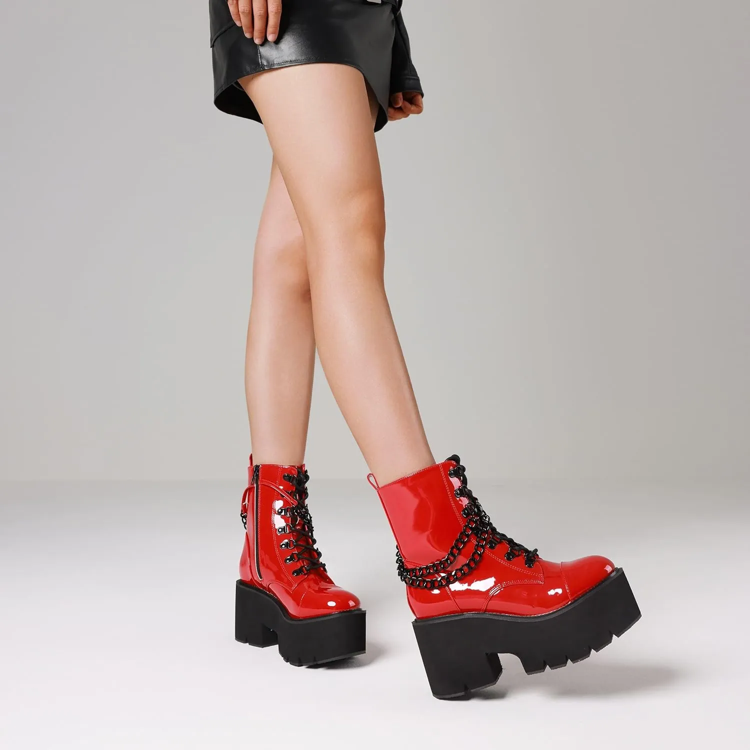 CYNLLIO Fashion Block Heel Platform Combat Ankle Booties Women's Lace up Studded Motorcycle Boots Mid Calf Boots