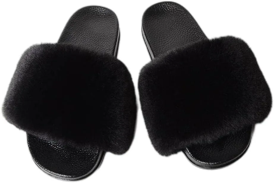 Dayiss Women's Fur Fluffy Slides Womens Furry Slippers Open Toe Indoor Outdoor House Casual Flat Shoes Summer Sandals Fuzzy Slides