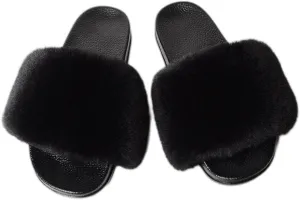 Dayiss Women's Fur Fluffy Slides Womens Furry Slippers Open Toe Indoor Outdoor House Casual Flat Shoes Summer Sandals Fuzzy Slides