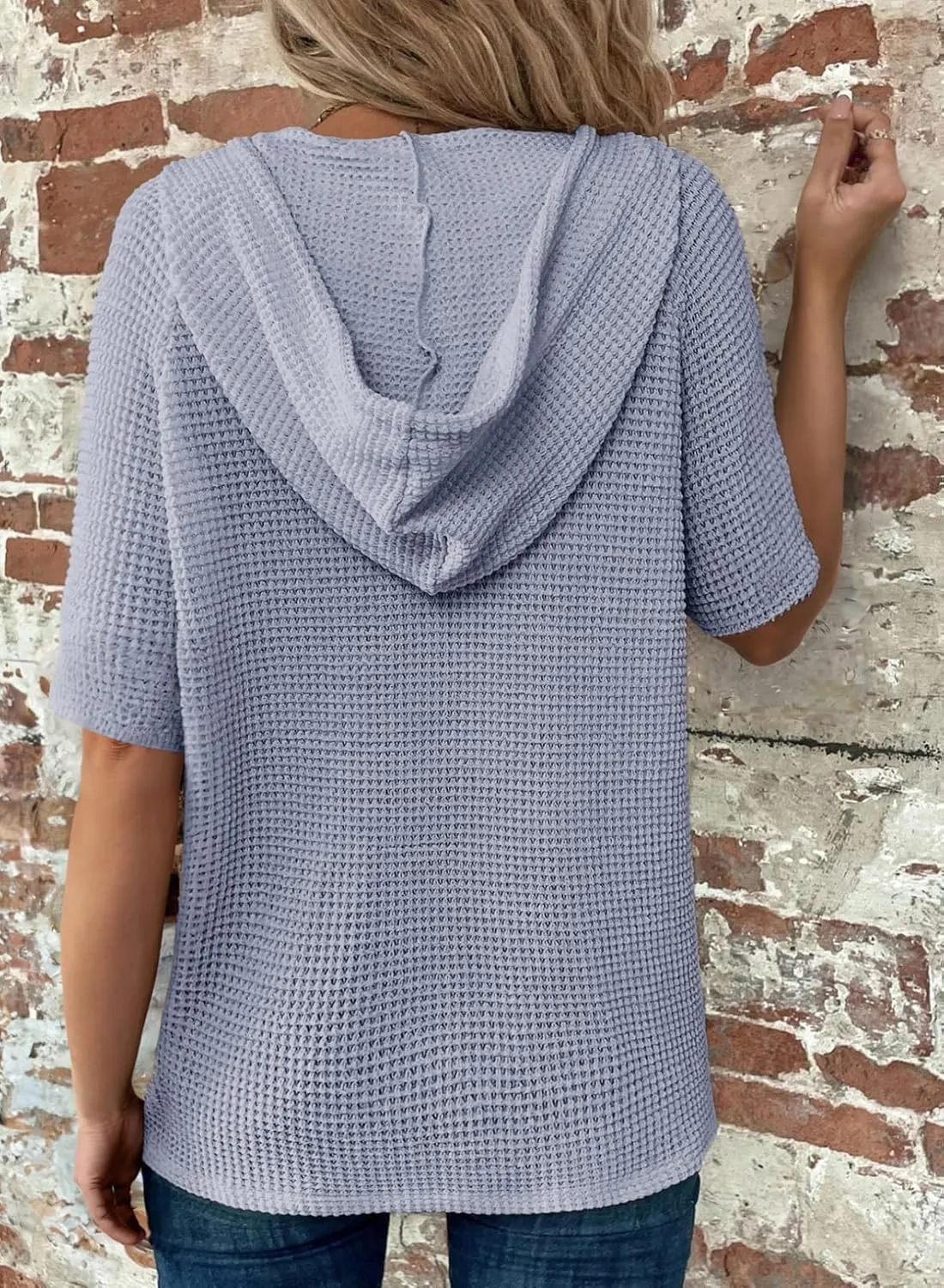 Dokotoo Womens Summer Tops Waffle Knit Short Sleeve Lightweight Drawstring Hoodies Button V Neck Casual Blouses Shirts