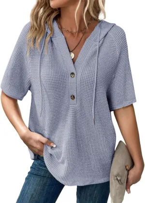 Dokotoo Womens Summer Tops Waffle Knit Short Sleeve Lightweight Drawstring Hoodies Button V Neck Casual Blouses Shirts