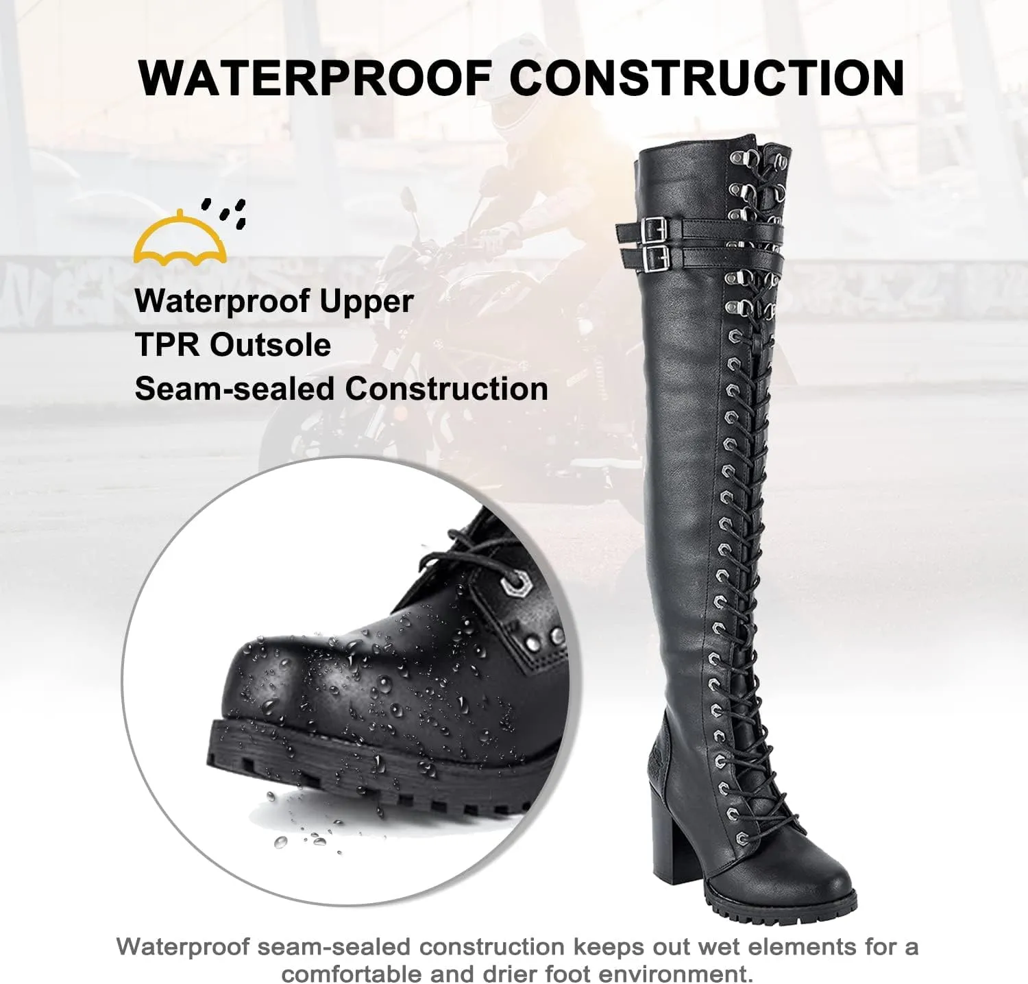 Dream Apparel Women's Faux Leather Over The Knee Thigh High Boots, Black Lace Up Knee High Boots With Chunky Heel, Sexy Biker Boots with Buckle