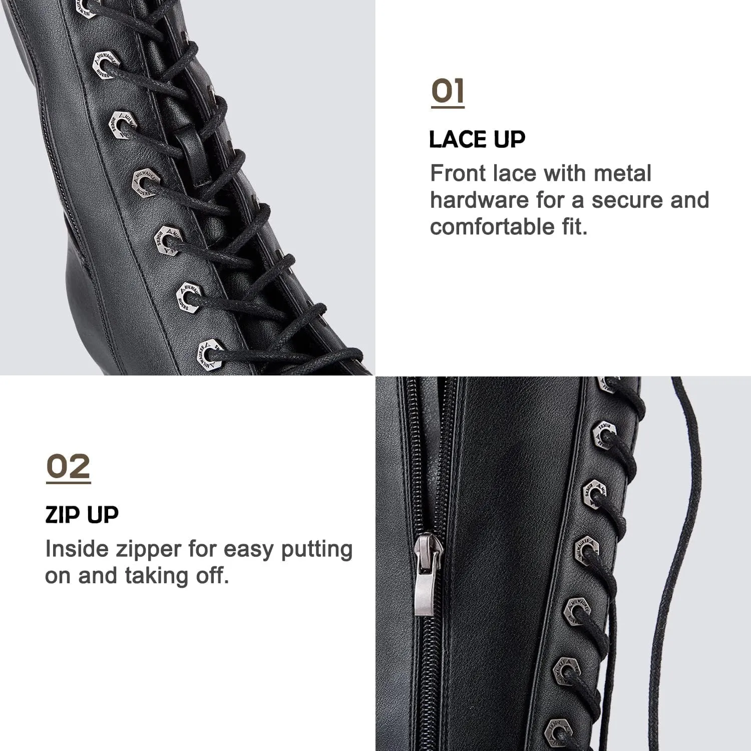 Dream Apparel Women's Faux Leather Over The Knee Thigh High Boots, Black Lace Up Knee High Boots With Chunky Heel, Sexy Biker Boots with Buckle