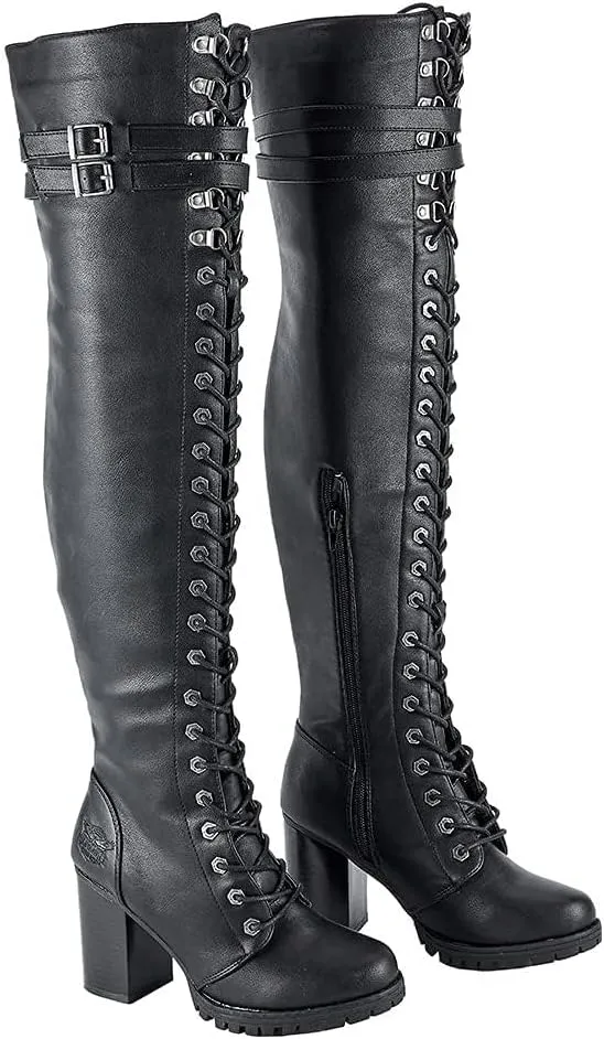 Dream Apparel Women's Faux Leather Over The Knee Thigh High Boots, Black Lace Up Knee High Boots With Chunky Heel, Sexy Biker Boots with Buckle
