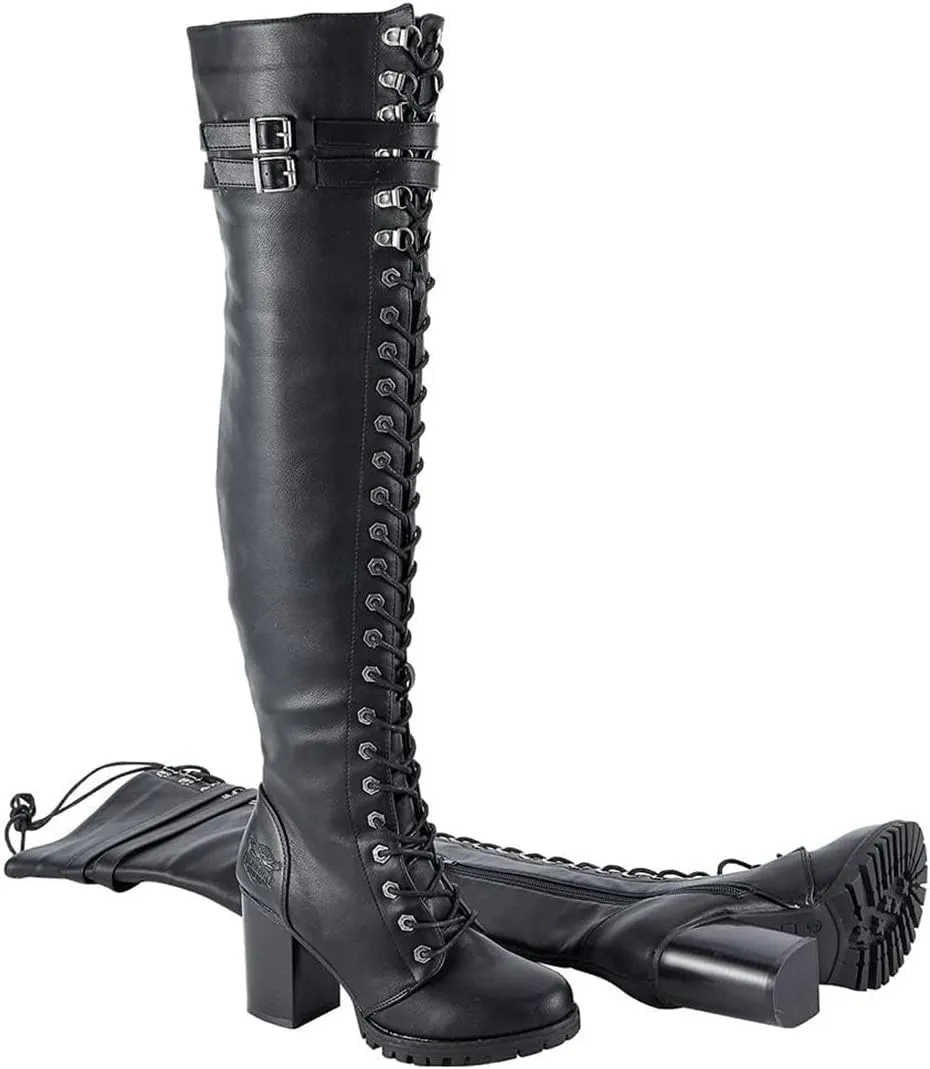 Dream Apparel Women's Faux Leather Over The Knee Thigh High Boots, Black Lace Up Knee High Boots With Chunky Heel, Sexy Biker Boots with Buckle