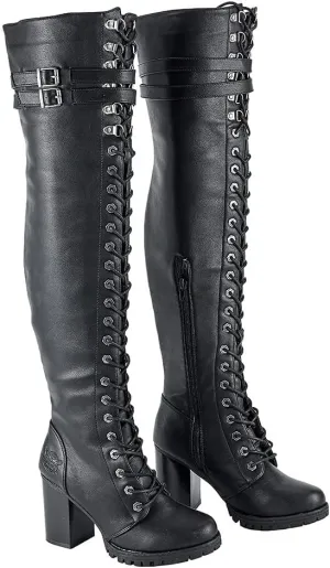 Dream Apparel Women's Faux Leather Over The Knee Thigh High Boots, Black Lace Up Knee High Boots With Chunky Heel, Sexy Biker Boots with Buckle