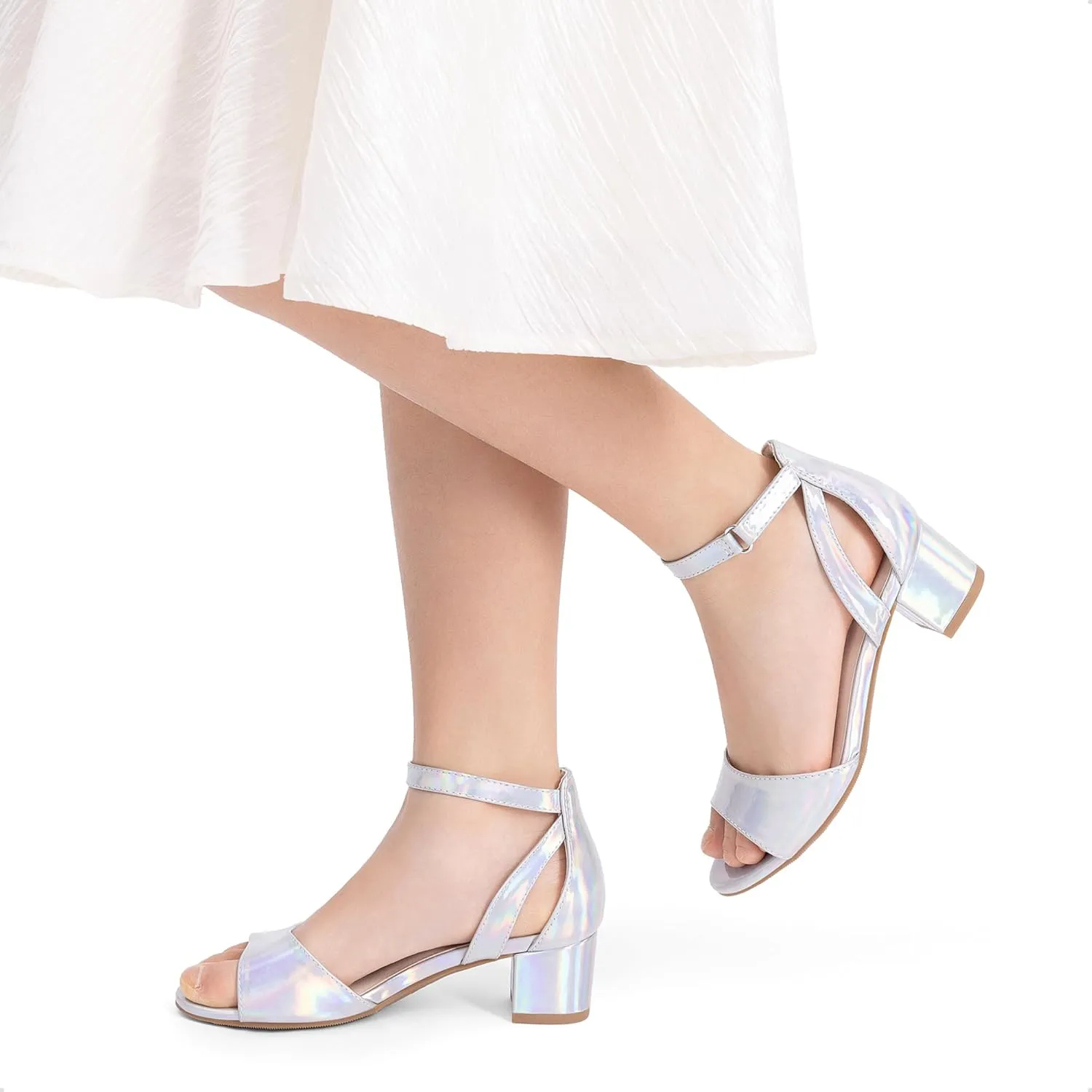 DREAM PAIRS Girls Sandals Chunky Pump Ankle Strap High Heels Dress Open Toe Flower Wedding Party for Little Big Kid