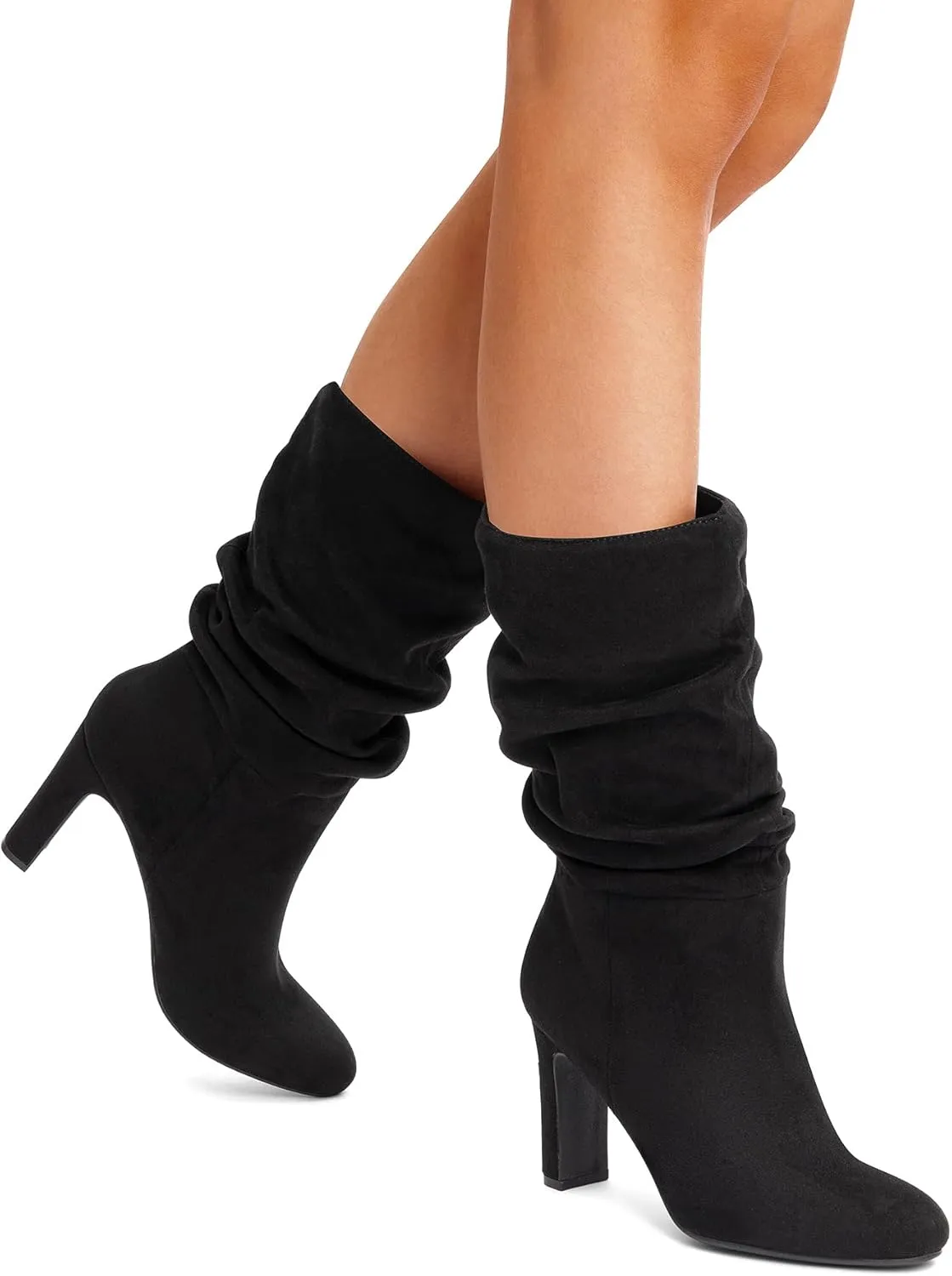 DREAM PAIRS Slouch Boots for Women Mid Calf, Women's Fashion Almond Toe High Heel Fall Winter Dressy Boots