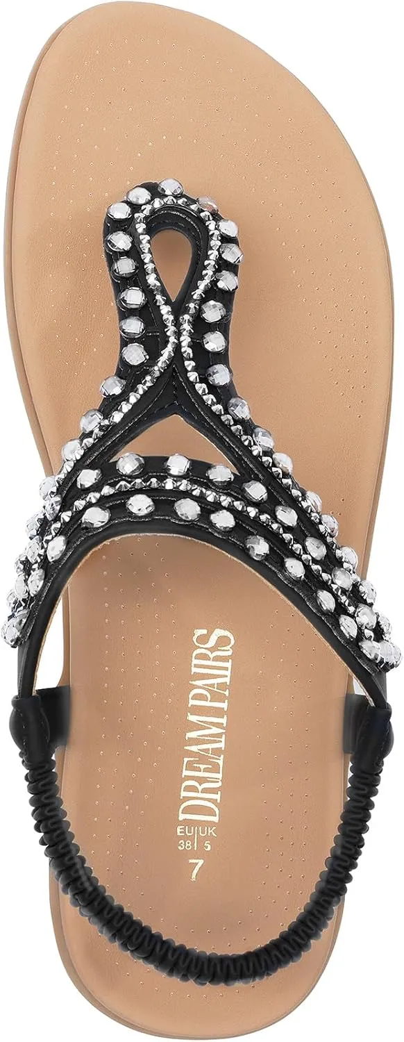 DREAM PAIRS Women's Comfortable Dressy Flat Sandals Rhinestone Elastic T-Strap Thong Sandals for Summer Beach