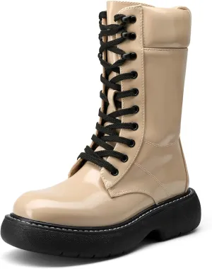 DREAM PAIRS Women's Platform Combat Boots, Chunky Lug Sole Lace Up Leather Boots, Mid Calf Boots
