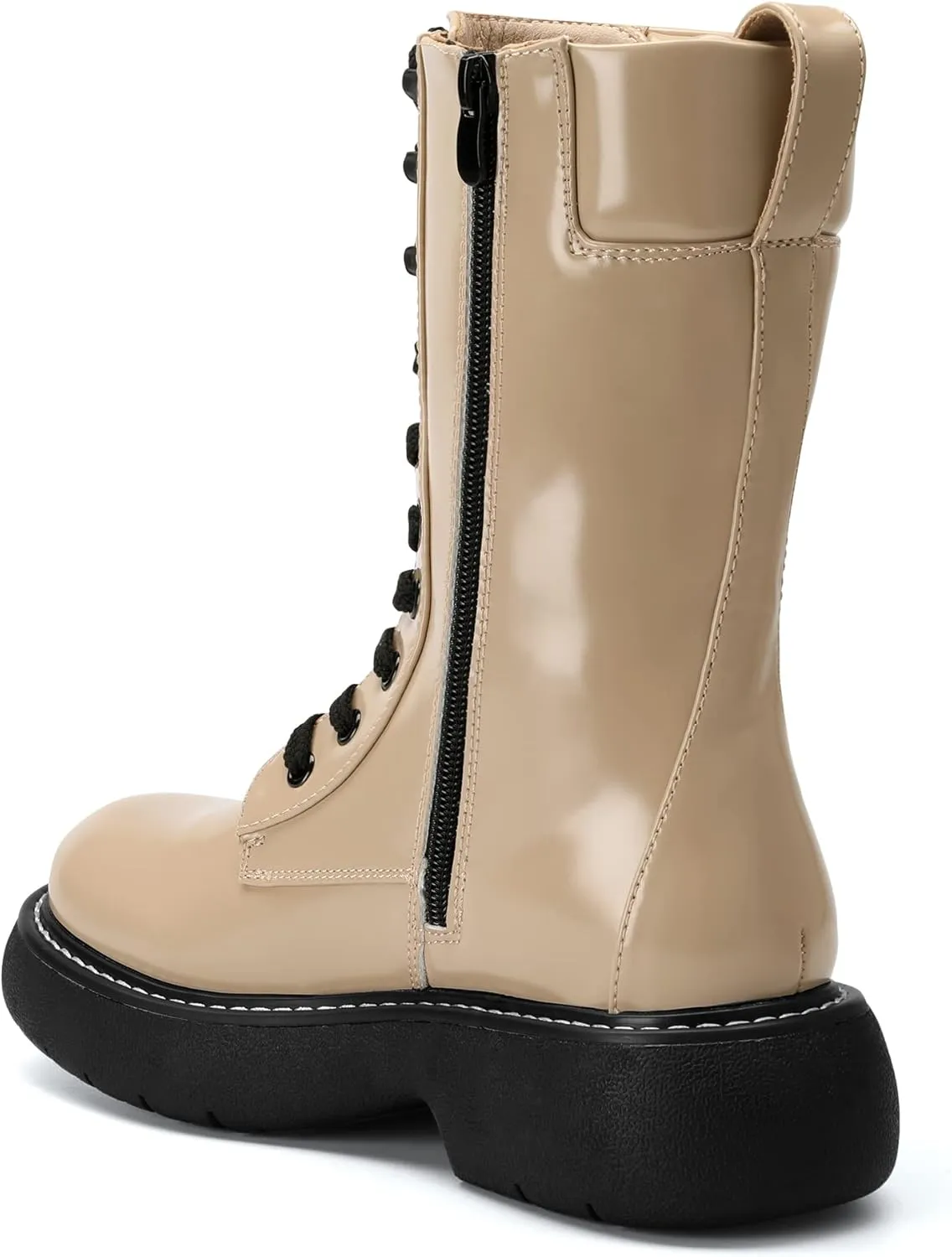 DREAM PAIRS Women's Platform Combat Boots, Chunky Lug Sole Lace Up Leather Boots, Mid Calf Boots