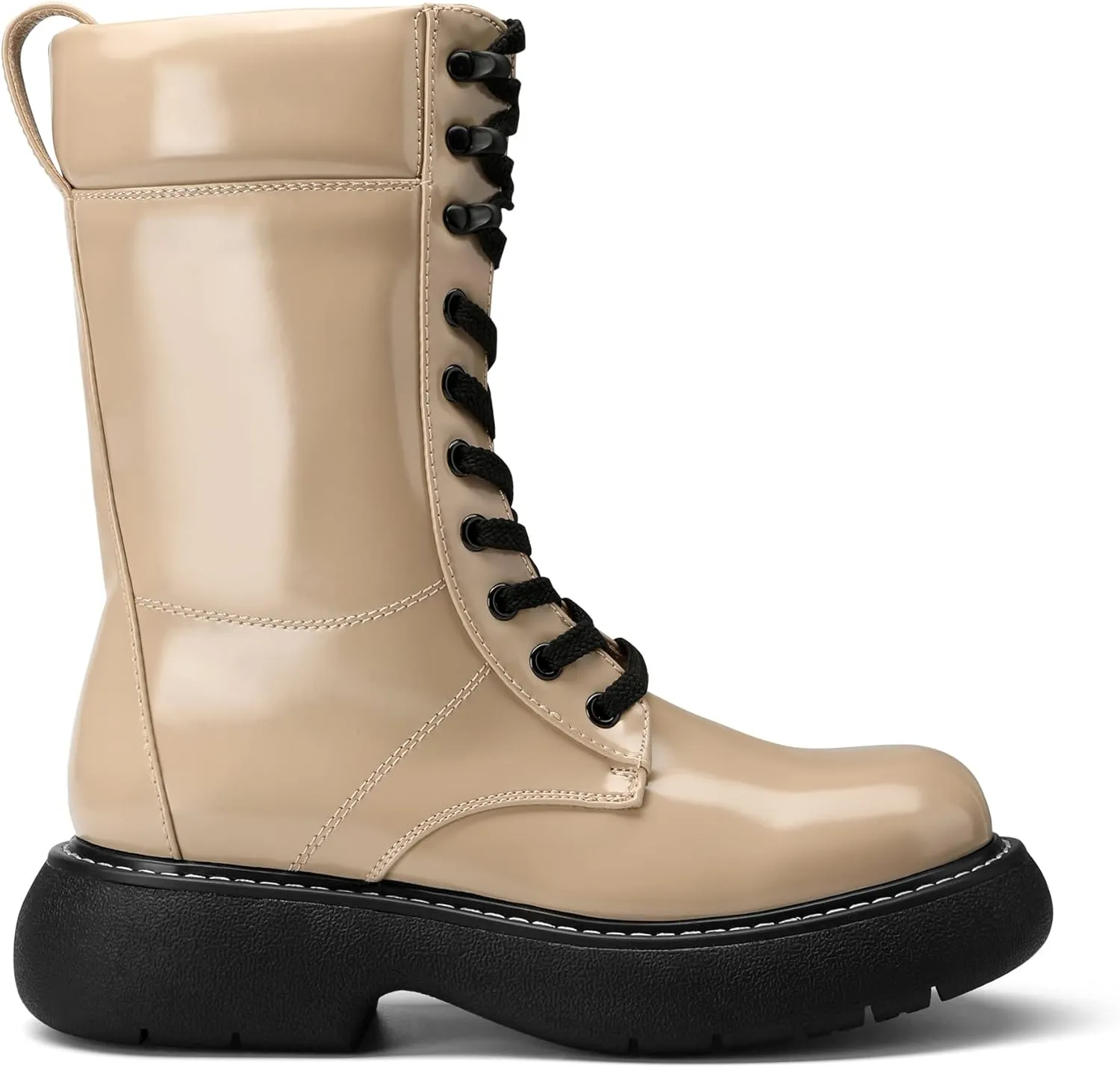 DREAM PAIRS Women's Platform Combat Boots, Chunky Lug Sole Lace Up Leather Boots, Mid Calf Boots