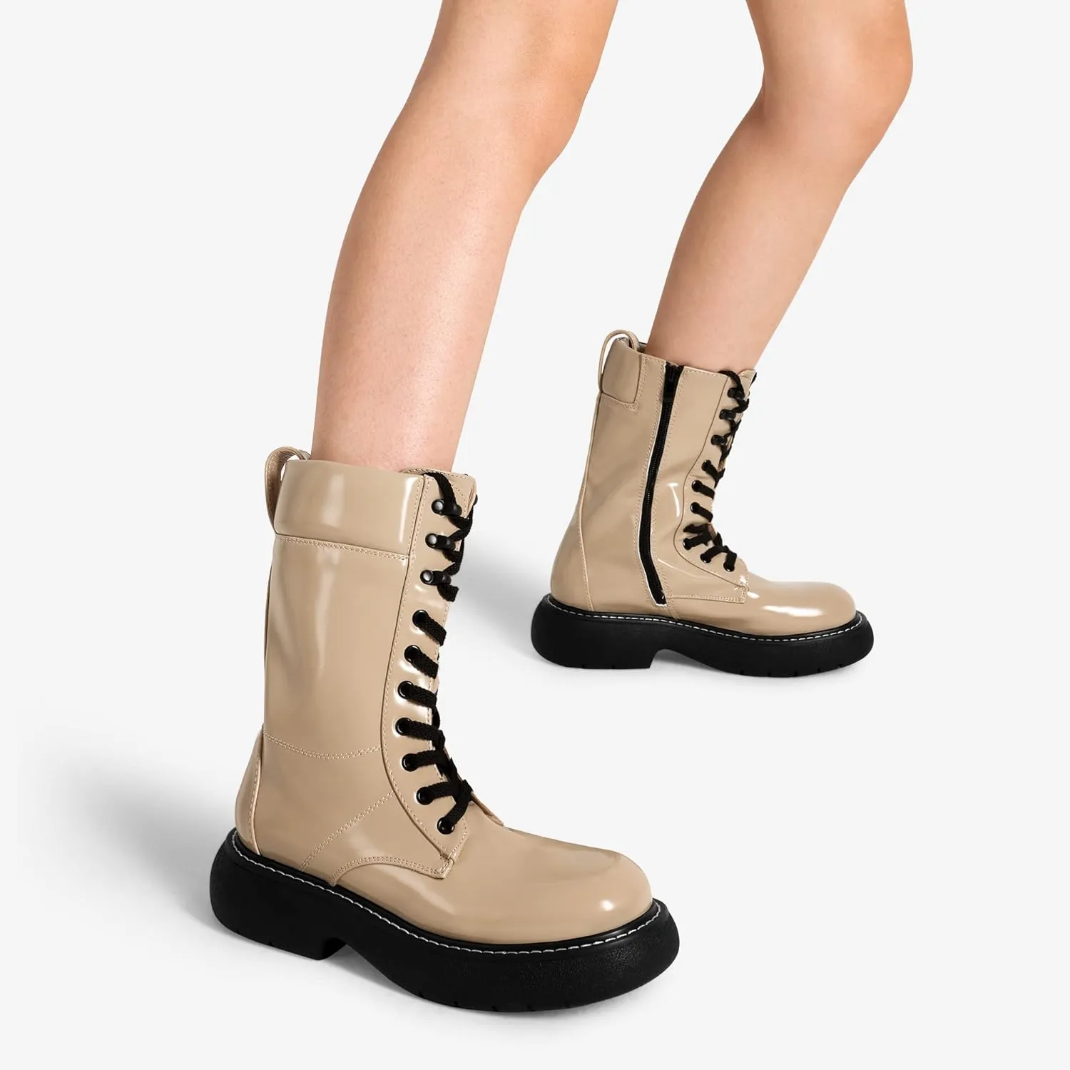 DREAM PAIRS Women's Platform Combat Boots, Chunky Lug Sole Lace Up Leather Boots, Mid Calf Boots