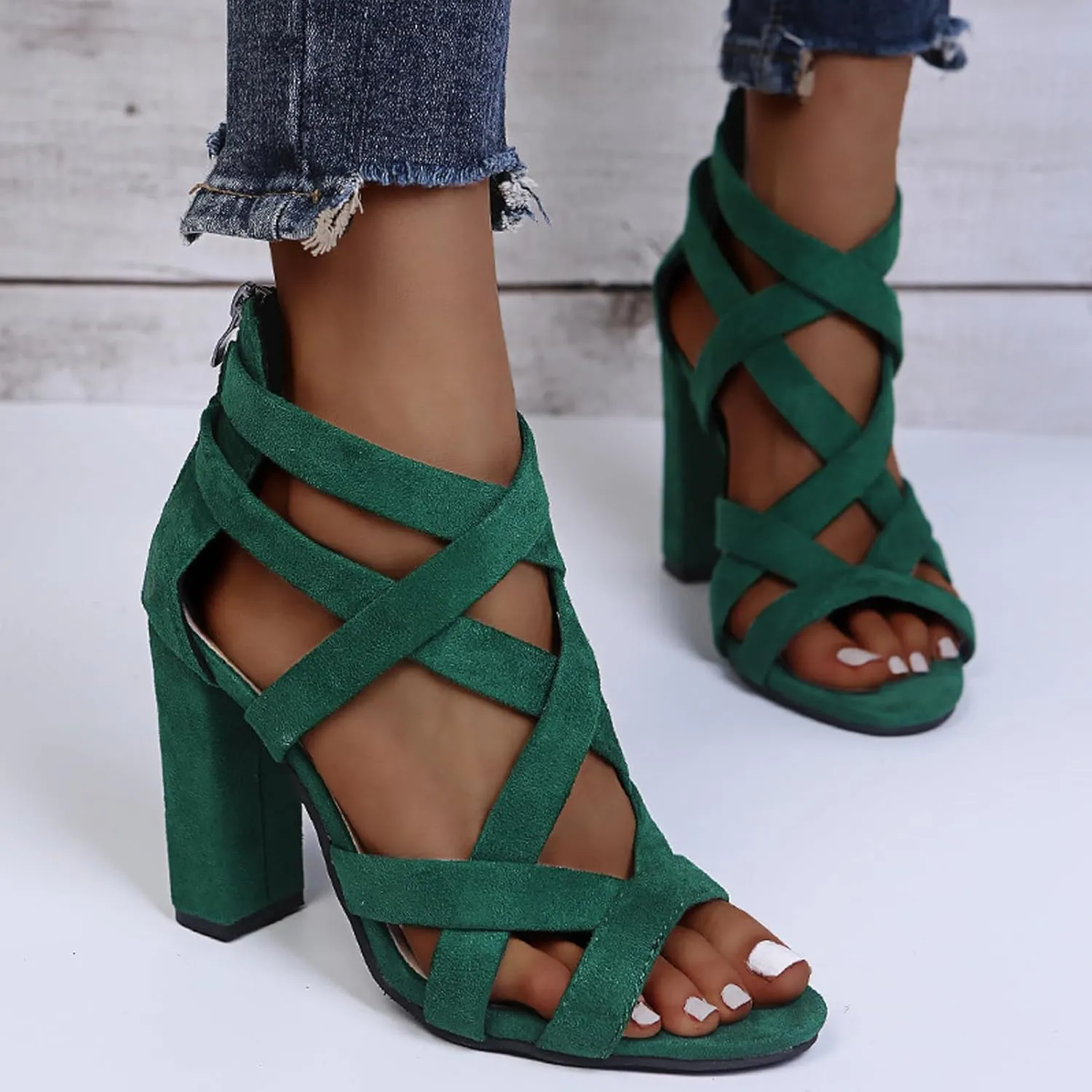 EFTCAL Women's Open Toe Sexy Crossover Ankle Strap Chunky Heel Sandals,Caged Cutout Back Zipper Fashion High Heels