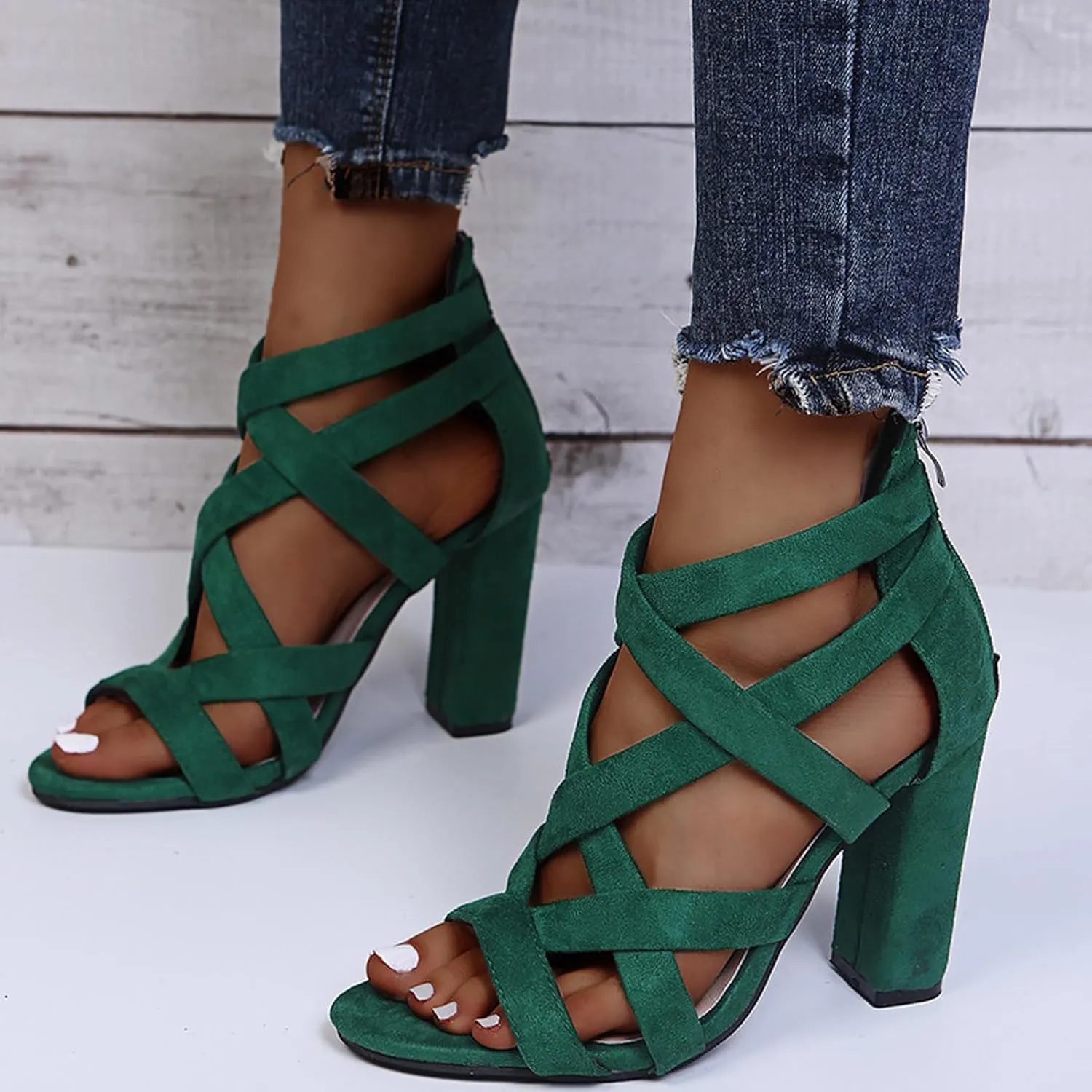 EFTCAL Women's Open Toe Sexy Crossover Ankle Strap Chunky Heel Sandals,Caged Cutout Back Zipper Fashion High Heels