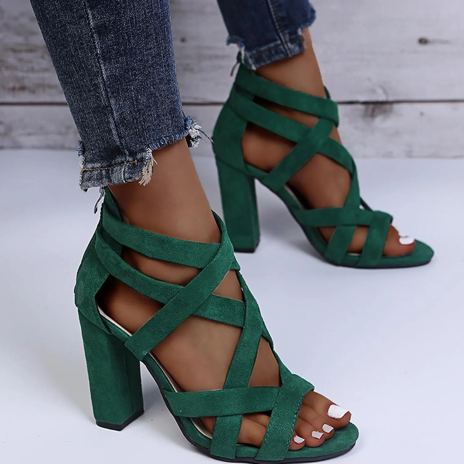 EFTCAL Women's Open Toe Sexy Crossover Ankle Strap Chunky Heel Sandals,Caged Cutout Back Zipper Fashion High Heels