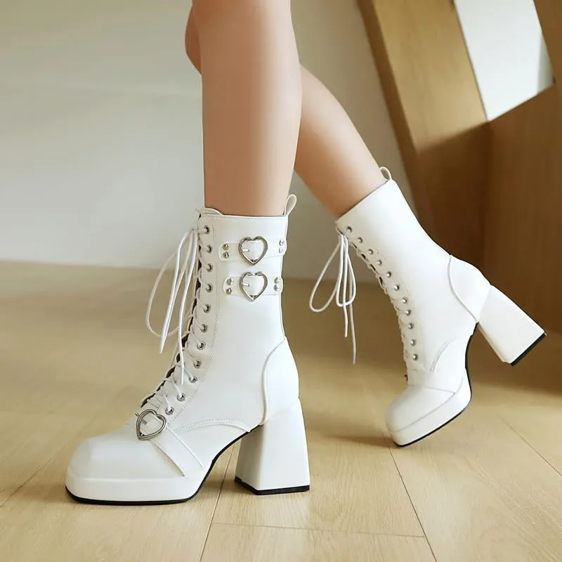 Elbslutt Goth Platform Boots for Women Lace up Chunky High Heels Combat Ankle Boots Square Toe GOGO Boots Gothic Ankle Booties Block Heel Buckle Punk Shoes