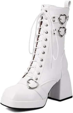 Elbslutt Goth Platform Boots for Women Lace up Chunky High Heels Combat Ankle Boots Square Toe GOGO Boots Gothic Ankle Booties Block Heel Buckle Punk Shoes