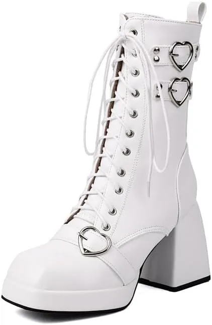 Elbslutt Goth Platform Boots for Women Lace up Chunky High Heels Combat Ankle Boots Square Toe GOGO Boots Gothic Ankle Booties Block Heel Buckle Punk Shoes