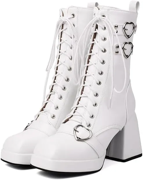 Elbslutt Goth Platform Boots for Women Lace up Chunky High Heels Combat Ankle Boots Square Toe GOGO Boots Gothic Ankle Booties Block Heel Buckle Punk Shoes