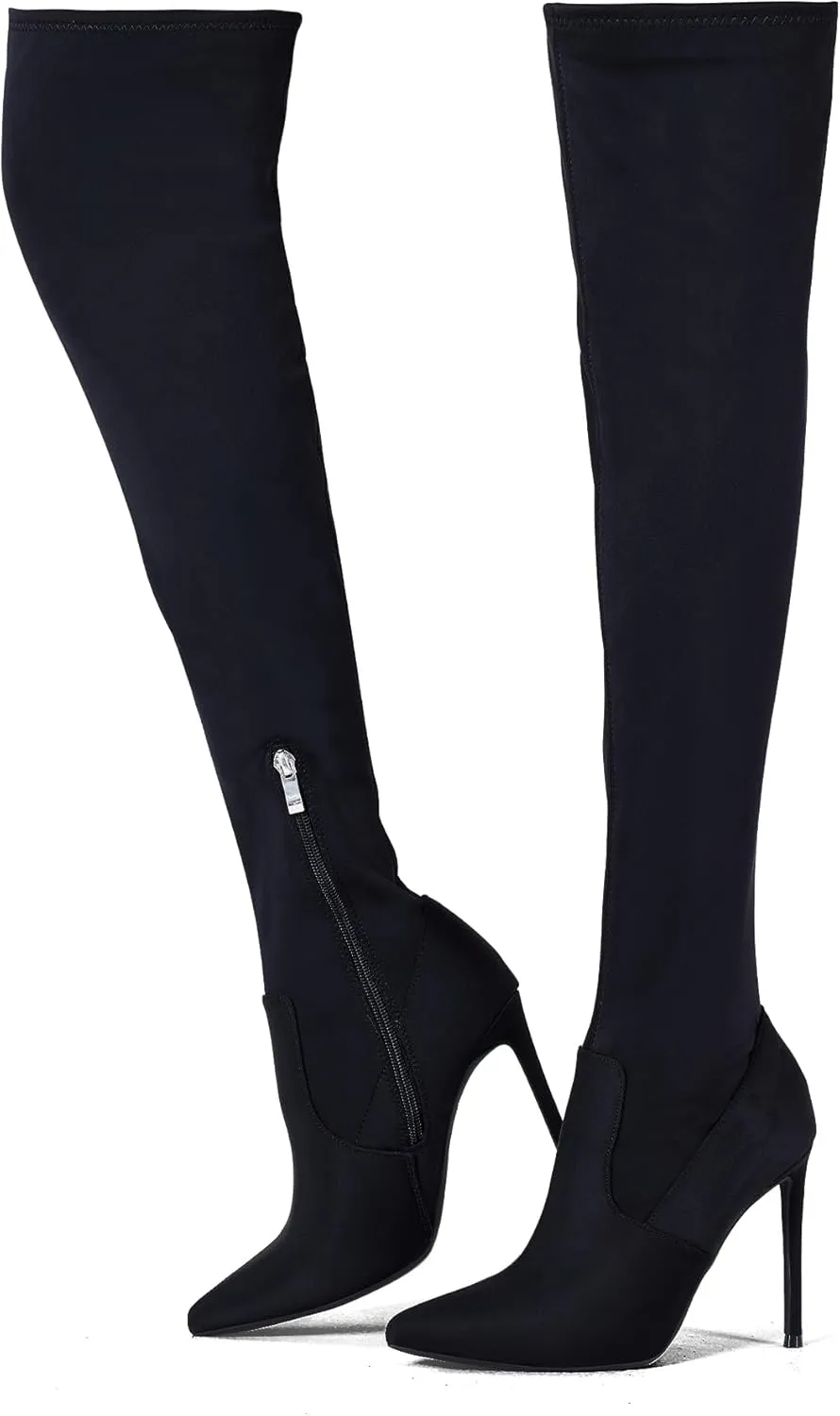 Elisabet Tang Thigh High Boots Over the Knee Boots for Women,Sexy 4.3 inch Stilettos High Heels Boots Stretch Suede Long Pointed Toe Shoes